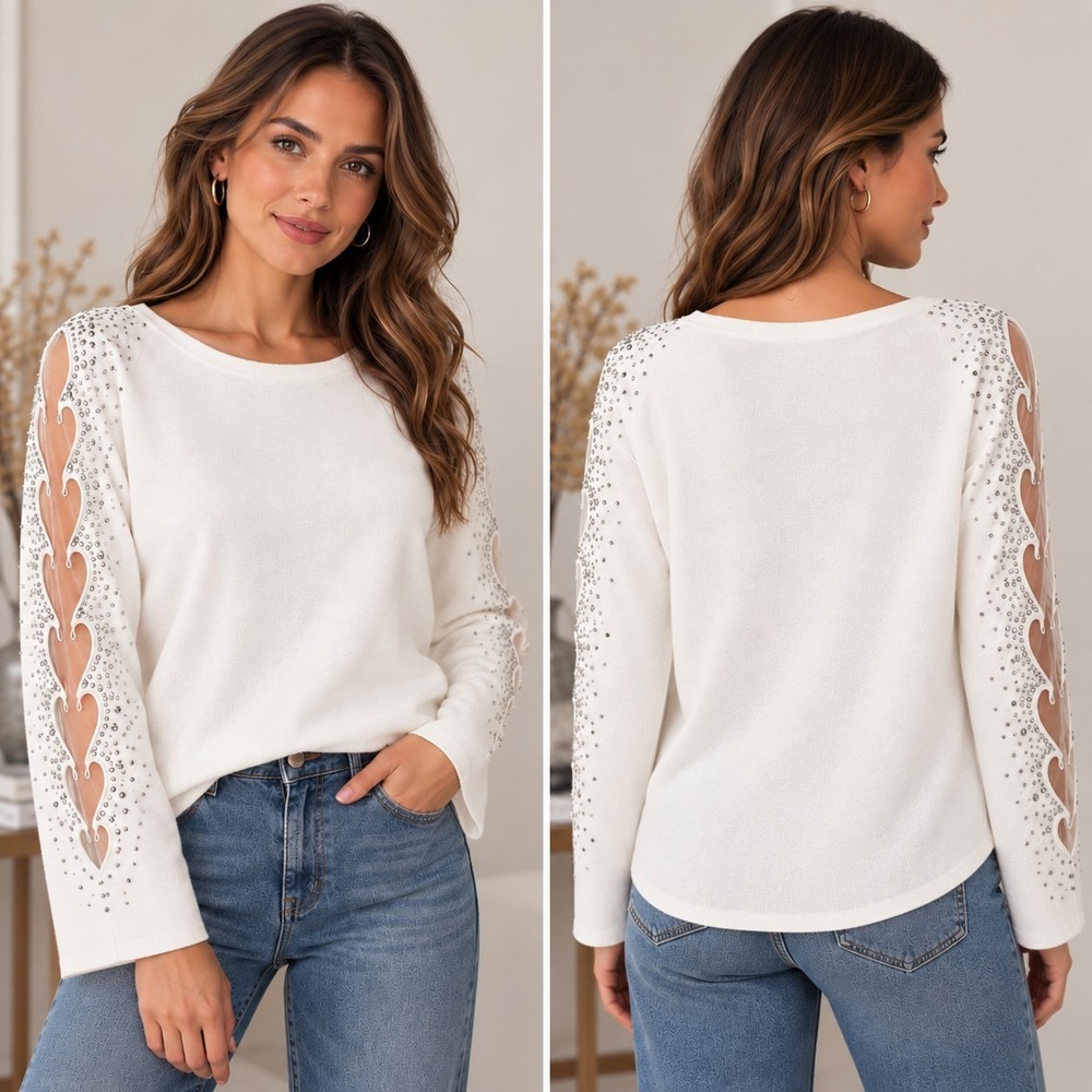 LIV Milano Oversized Cream Blouse Embellished Mesh Rhinestone Sleeves Dolman 1X
